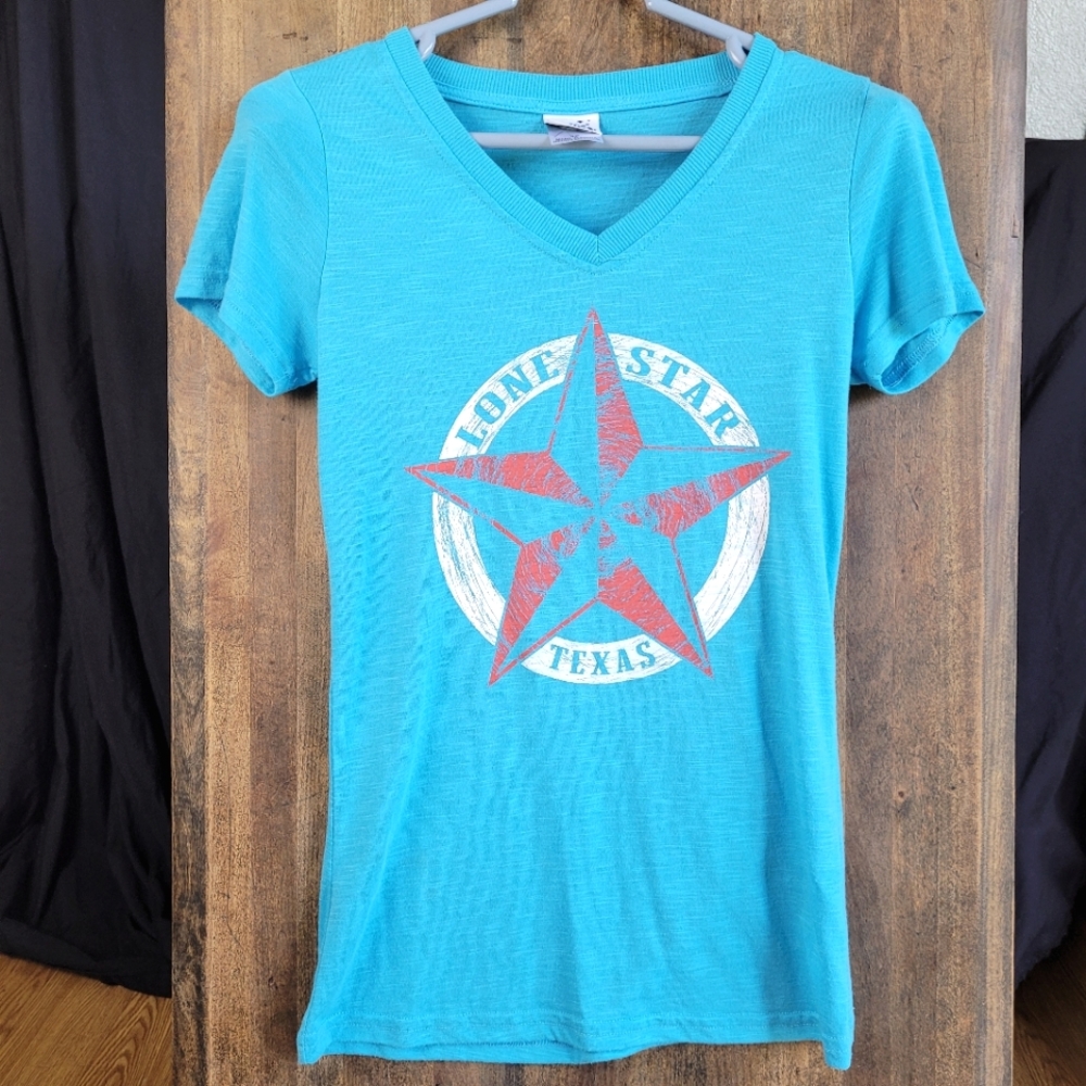 Lone Star Texas Teal V Neck Tshirt Women's Small.